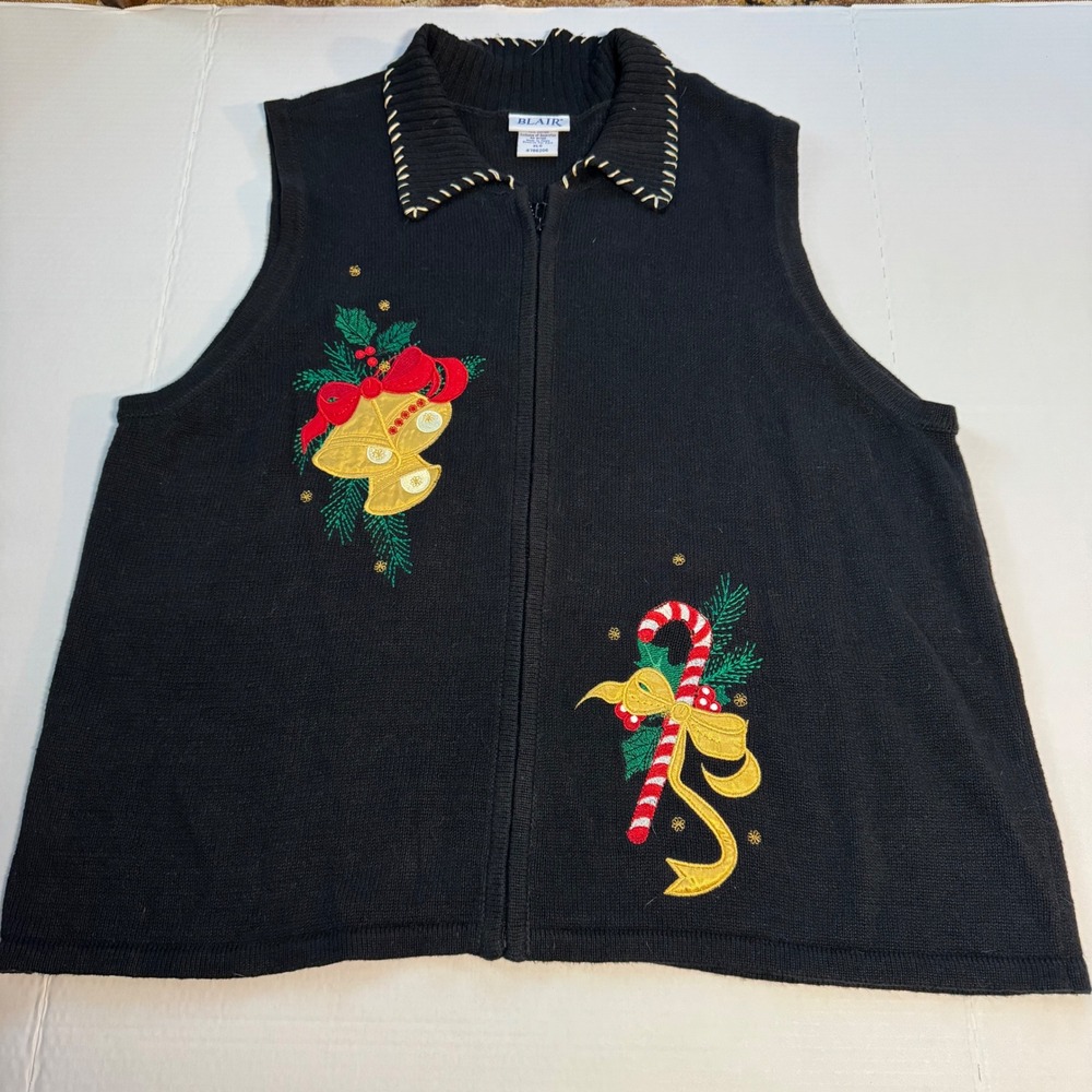 Vtg BLAIR Womens Black Zipper Front Holiday Vest‎ XL Oversized Xmas Christmas